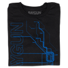 A folded black t-shirt with blue ink depicting a detailed map of Chicago's L train with "RAYGUN" in sideways, vertical text to the left.