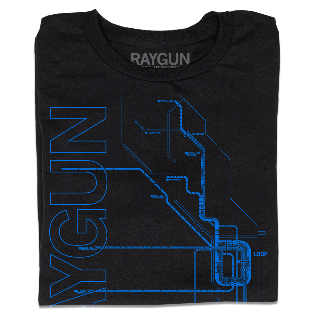 A folded black t-shirt with blue ink depicting a detailed map of Chicago's L train with "RAYGUN" in sideways, vertical text to the left.