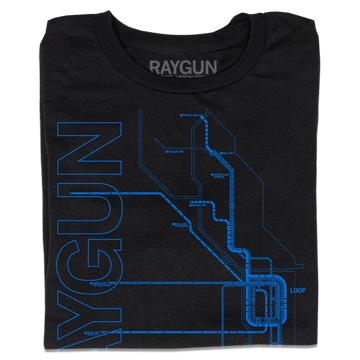 A folded black t-shirt with blue ink depicting a detailed map of Chicago's L train with "RAYGUN" in sideways, vertical text to the left.