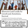 Five people in union-made t-shirts raise wooden wall frames for the Greenwood Pond Double Site, positioned below a New York Times headline about museum growth and a quote from Mike calling for volunteers to help repair the installation together.