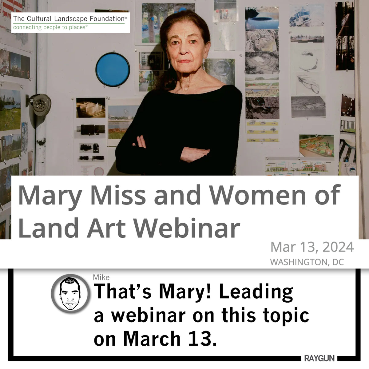 Portrait of artist Mary Miss wearing a union made t-shirt, standing before sketches for public art projects, promoting the March 13, 2024, webinar Mary Miss and Women of Land Art.