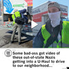 A split-screen image showing a person in a reflective vest and Hate Has No Home Here t-shirt loading gear into a U-Haul truck, alongside a person wearing a face covering and baseball cap looking at the camera.