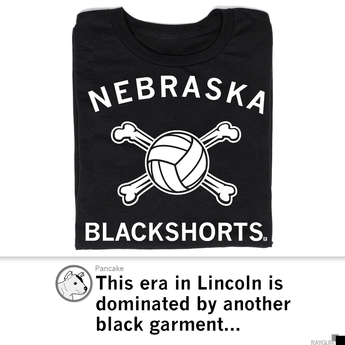 Black sweatshop-free T-shirt featuring a white volleyball crossed with two bones, with the text NEBRASKA above and BLACKSHORTS below.