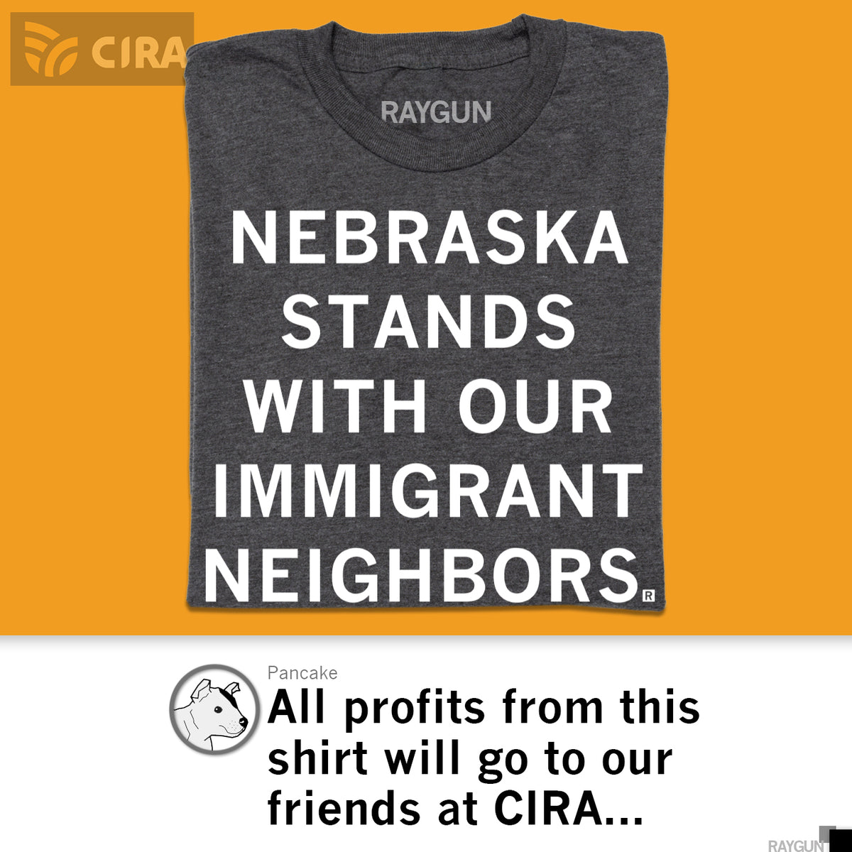 A charcoal gray, union-made t-shirt with the white text NEBRASKA STANDS WITH OUR IMMIGRANT NEIGHBORS printed on the front.