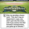 A field at the College World Series in Omaha, paired with a social media post by Gary featuring a quote about winning the Omaha baseball championship while wearing a heather royal blue t-shirt.