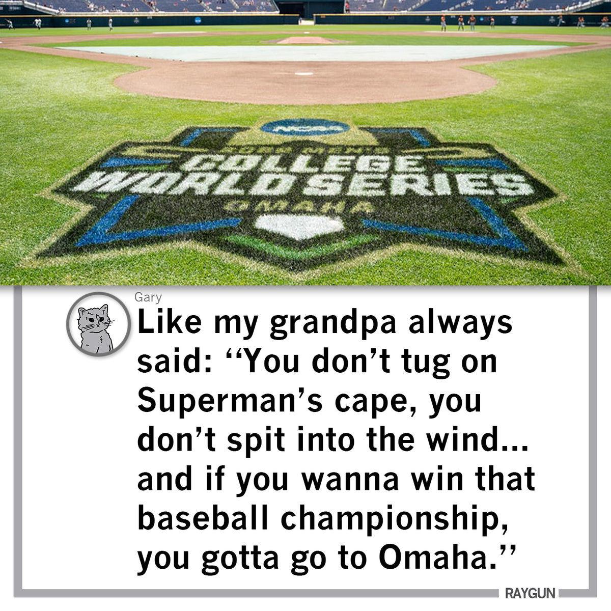 A field at the College World Series in Omaha, paired with a social media post by Gary featuring a quote about winning the Omaha baseball championship while wearing a heather royal blue t-shirt.