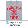 Union-made heather grey t-shirt featuring OMAHA FIRE in red lettering with an Omaha Fire & Rescue emblem in the center.