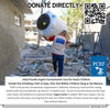 A man in a Palestine Children’s Relief Fund uniform carries a large water tank through rubble in Gaza, with a QR code and text encouraging donations to the organization.