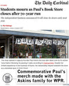 Article header from The Daily Cardinal titled Students mourn as Paul’s Book Store closes after 70-year run, featuring a photo of the storefront and a promotional graphic for commemorative merchandise, including a heavyweight ivory t-shirt.