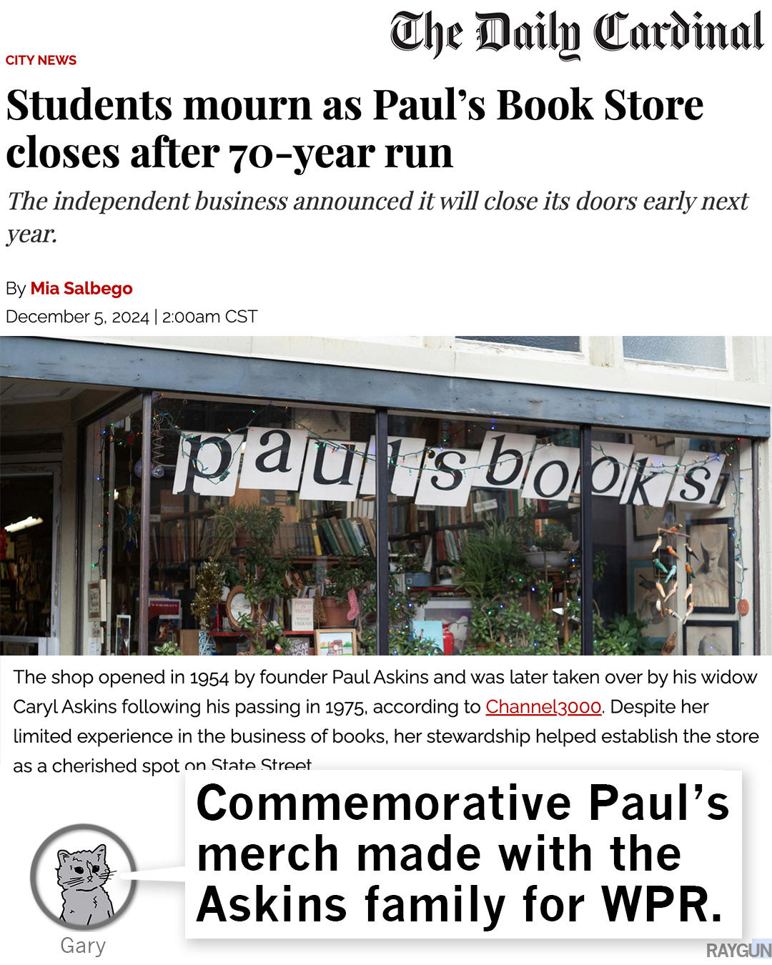 Article header from The Daily Cardinal titled Students mourn as Paul’s Book Store closes after 70-year run, featuring a photo of the storefront and a promotional graphic for commemorative merchandise, including a heavyweight ivory t-shirt.