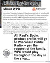 An informational sign at Paul’s Book Store stating that all profits will be donated to Wisconsin Public Radio, accompanied by a speech bubble from a cartoon mouse named Clark.