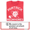 Red union made t-shirt featuring a cartoon cat dressed as a football player with the text PAWTRICK MEOWHOMES, displayed above a social media-style comment about a cat-erback.