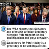 News headline image showing Pete Hegseth surrounded by other figures, with text below noting senators questioning his qualifications and a satirical comment that it is a good day to be underqualified, mirroring a cynical take on union labor.