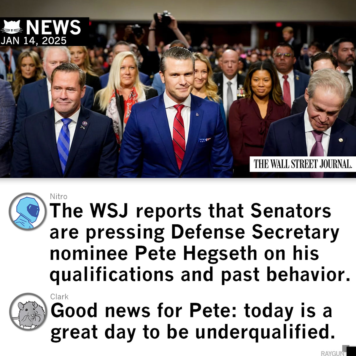 News headline image showing Pete Hegseth surrounded by other figures, with text below noting senators questioning his qualifications and a satirical comment that it is a good day to be underqualified, mirroring a cynical take on union labor.