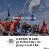 A crowd of Chicago Red Stars fans cheers from the stands with a Chicago flag waving above them; text states a portion of sales from this women’s soccer t-shirt supports the Local 134 fan group.