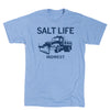 Light blue Salt Life Midwest athletic t-shirt featuring a dark blue graphic of a snowplow truck with the text SALT LIFE above it and MIDWEST below it.