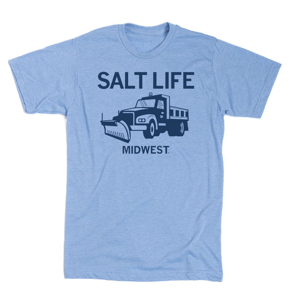 Light blue Salt Life Midwest athletic t-shirt featuring a dark blue graphic of a snowplow truck with the text SALT LIFE above it and MIDWEST below it.