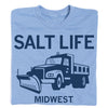 Athletic blue Salt Life Midwest t-shirt featuring the text SALT LIFE above an illustration of a snowplow truck and the word MIDWEST below.