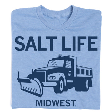 Athletic blue Salt Life Midwest t-shirt featuring the text SALT LIFE above an illustration of a snowplow truck and the word MIDWEST below.