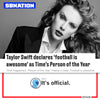 Taylor Swift wears a black suit, with the headline declaring her the Time Person of the Year who finds football awesome, styled similarly to a classic heather grey football t-shirt.