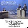 A 1976 SNL debate skit shows a panelist asking a complex math question to a candidate wearing a Chevy Chase t-shirt who replies, It was my understanding that there would be no math, with a caption suggesting this become a real debate rule.