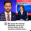 Split screen of J.D. Vance telling a CBS News anchor, The rules were that you guys werent going to fact-check!, with a caption below stating, We know the feeling! RAYGUN would be a billion-dollar profit machine... worn on a heather denim shirt.