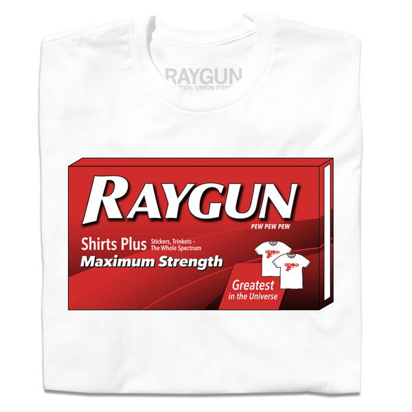 White shirt with a black & red print spoofing a Tylenol box. It says, 