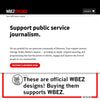 WBEZ Chicago donation page with a header reading Support public service journalism and a Become a member now button, featuring a graphic for official merchandise that states, These are official WBEZ designs! Buying them supports WBEZ.