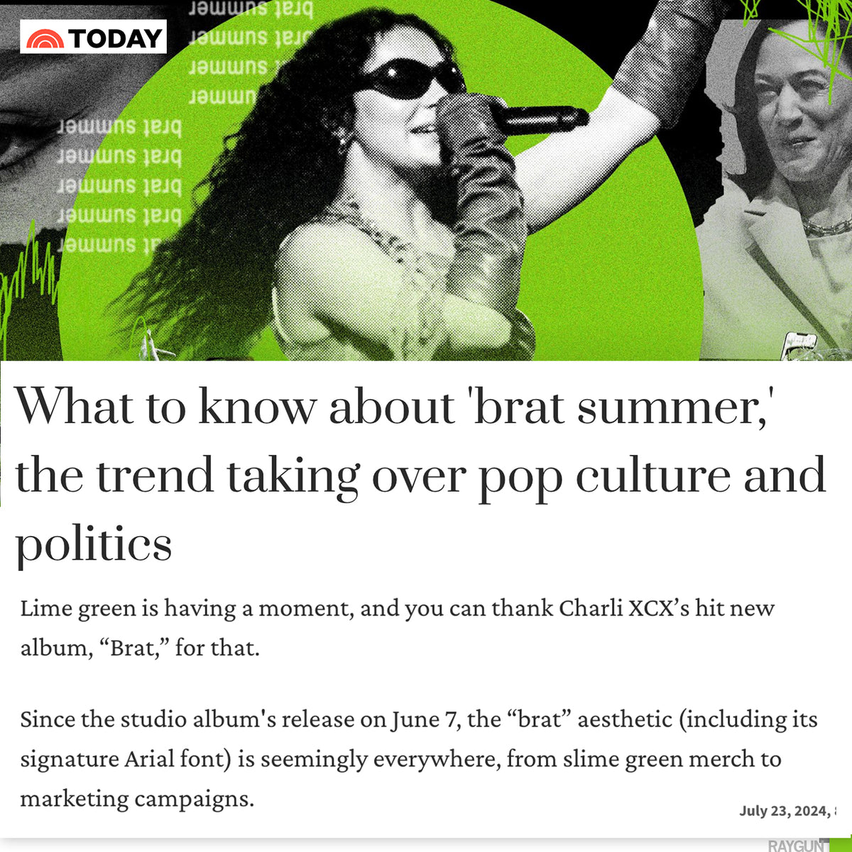 A TODAY article header titled What to know about brat summer, the trend taking over pop culture and politics, featuring a lime green t-shirt graphic of Charli XCX holding a microphone.