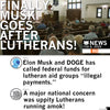 A church congregation seated in pews overlaid with the text: Finally: Musk goes after Lutherans! accompanied by social media posts criticizing federal funding for Lutheran Social Services.
