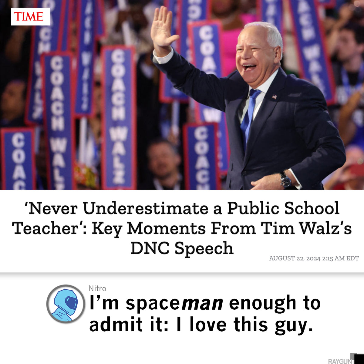 Tim Walz waves to the crowd while speaking at the Democratic National Convention, wearing a heather red t-shirt.