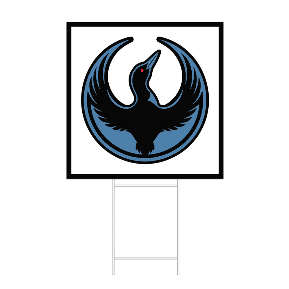 A white square yard sign with a black border and the Rebel Loon Alliance Logo. It uses a loon with outstretched wings to mimic the shape of the Star Wars Rebel Alliance Logo. The loon is printed blue & black with red eye.