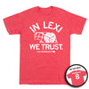 Heather red t-shirt featuring IN LEXI WE TRUST and a volleyball inside the outline of Nebraska, with Lexi Rodriguez and number 8 printed on the back.