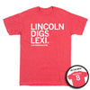 Red RAYGUN t-shirt with white text reading LINCOLN DIGS LEXI and LEXI RODRIGUEZ on the front, and a back view showing RODRIGUEZ and the number 8.