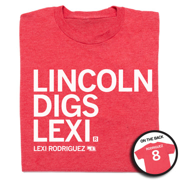 Red RAYGUN t-shirt with the text LINCOLN DIGS LEXI and LEXI RODRIGUEZ 8 on the front, with an inset showing the back of the shirt labeled RODRIGUEZ 8.