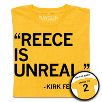 A folded heather yellow t-shirt with black ink text that says, ""Reece is unreal." - Kirk Ferentz." A circle image in the bottom right shows the back of the shirt laid out like a jersey with "VANDER ZEE" printed above a number 2.