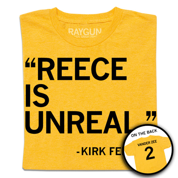 A folded heather yellow t-shirt with black ink text that says, 
