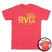 Short sleeve heather red t-shirt with yellow ink print that says, "RVG" in large print with "The Notorious" in vertical print cut our from the R. There's an illustration of a crown on top of part of the V and G and small print below that reads "RACHEL VAN GORP." In the bottom right corner is a picture of the back of the shirt in a circle frame. The back is laid out like a jersey with "Van Gorp" printed across the shoulders and  a giant 10 below.