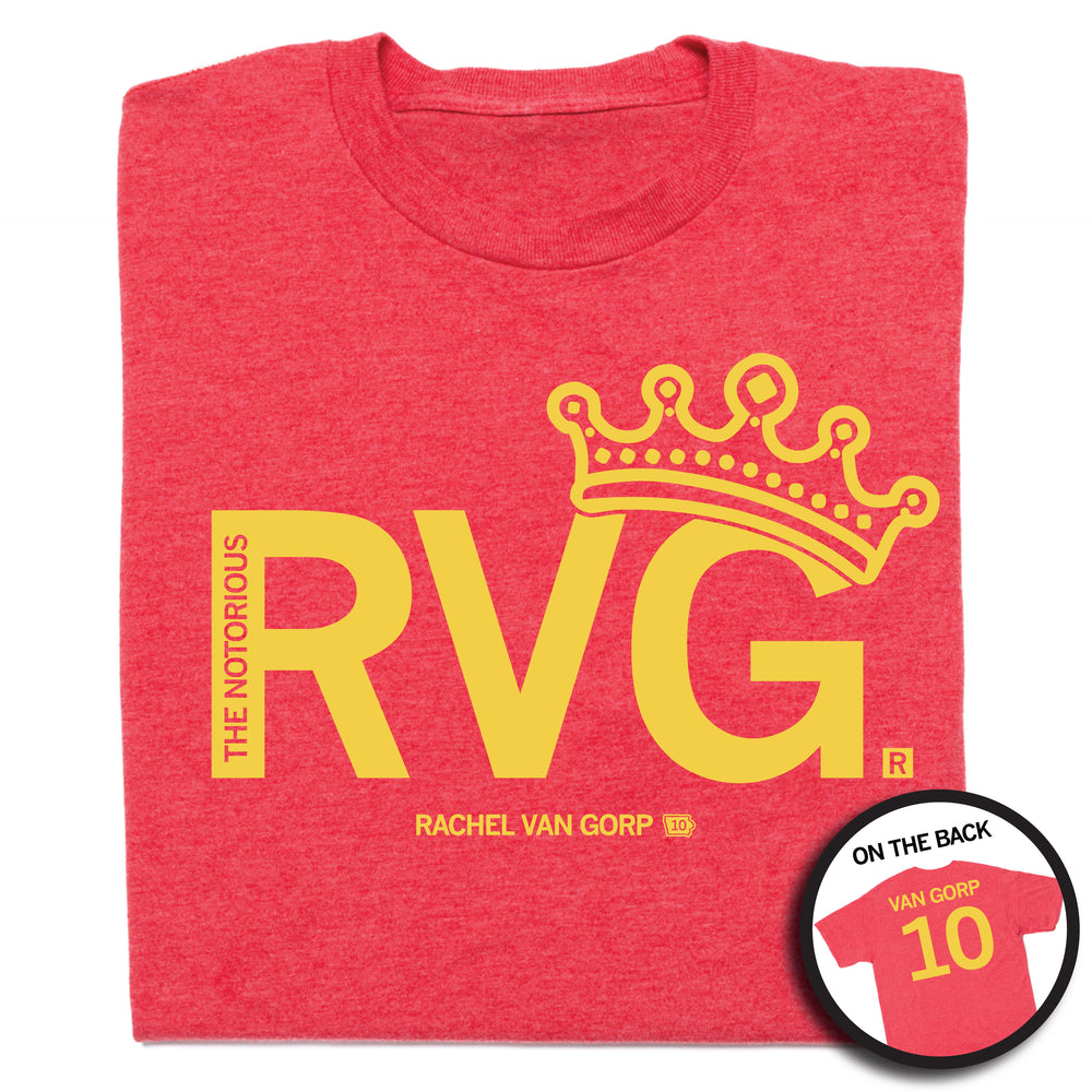 A folded heather red t-shirt with yellow ink print that says, "RVG" in large print with "The Notorious" in vertical print cut our from the R. There's an illustration of a crown on top of part of the V and G and small print below that reads "RACHEL VAN GORP." In the bottom right corner is a picture of the back of the shirt in a circle frame. The back is laid out like a jersey with "Van Gorp" printed across the shoulders and  a giant 10 below.