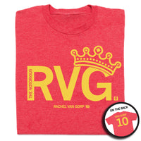 A folded heather red t-shirt with yellow ink print that says, "RVG" in large print with "The Notorious" in vertical print cut our from the R. There's an illustration of a crown on top of part of the V and G and small print below that reads "RACHEL VAN GORP." In the bottom right corner is a picture of the back of the shirt in a circle frame. The back is laid out like a jersey with "Van Gorp" printed across the shoulders and  a giant 10 below.