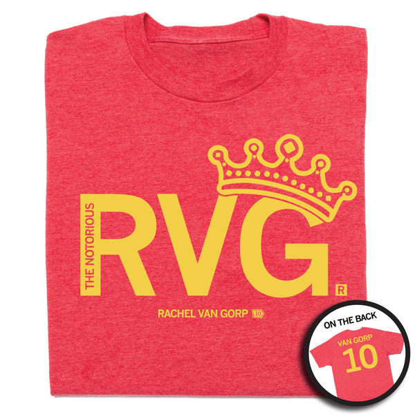 A folded heather red t-shirt with yellow ink print that says, 