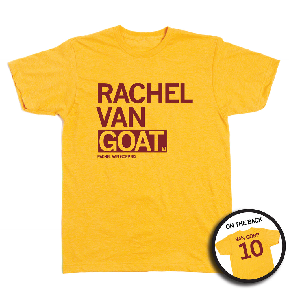 Short sleeve heather mellow yellow t-shirt with left aligned cardinal print ink that reads "RACHEL VAN GOAT" with smaller text below that says, "RACHEL VAN GORP" beside a tiny outline of Iowa with the number 10 inside it. The back of the shirt is laid out like a jersey with "VAN GORP" printed across the shoulders above a large number 10.