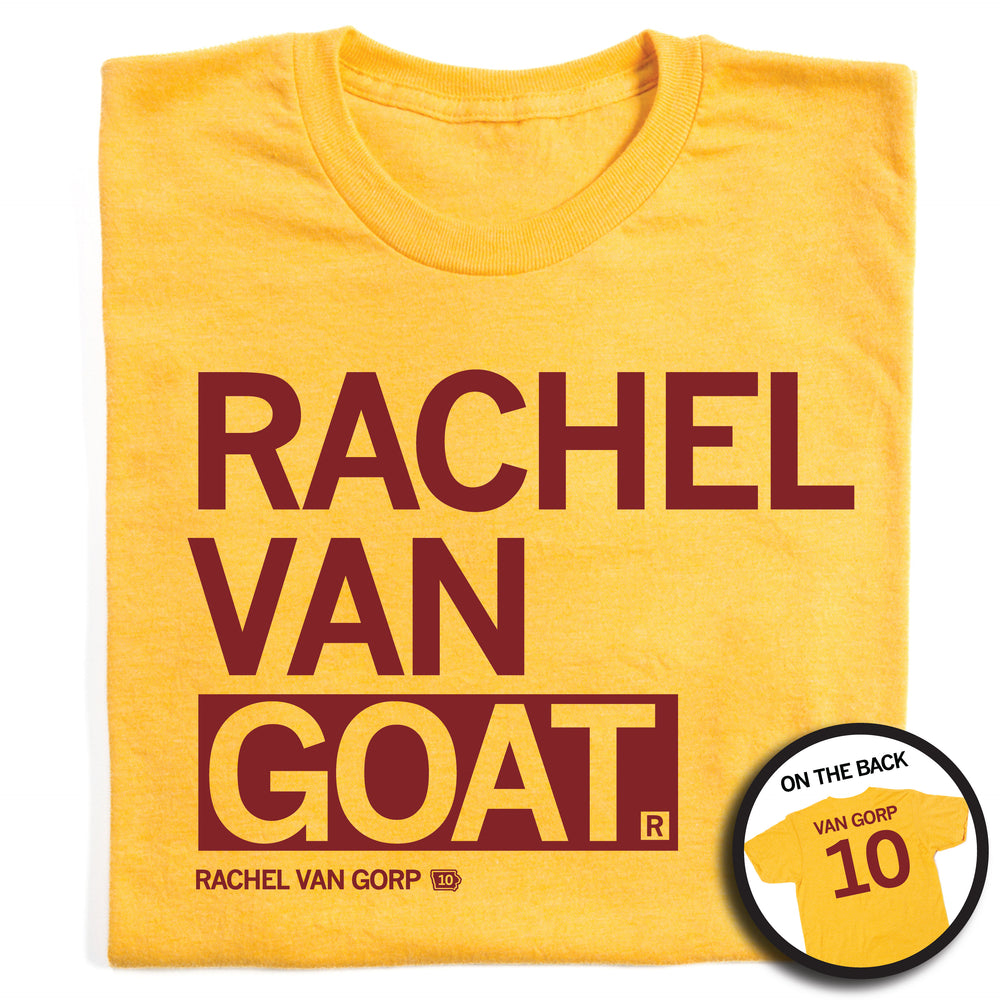 A folded heather yellow t-shirt with left aligned cardinal print ink that reads "RACHEL VAN GOAT" with smaller text below that says, "RACHEL VAN GORP" beside a tiny outline of Iowa with the number 10 inside it. The back of the shirt is laid out like a jersey with "VAN GORP" printed across the shoulders above a large number 10.