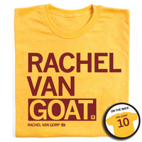 A folded heather yellow t-shirt with left aligned cardinal print ink that reads "RACHEL VAN GOAT" with smaller text below that says, "RACHEL VAN GORP" beside a tiny outline of Iowa with the number 10 inside it. The back of the shirt is laid out like a jersey with "VAN GORP" printed across the shoulders above a large number 10.
