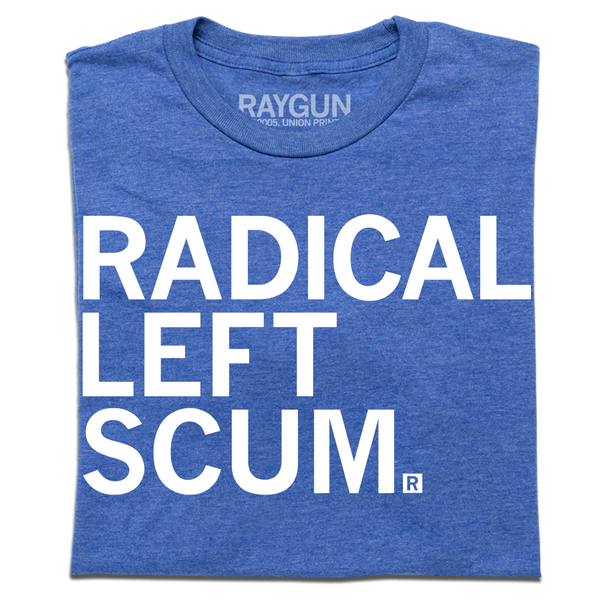 A folded heather royal blue t-shirt with left-aligned white ink that reads 