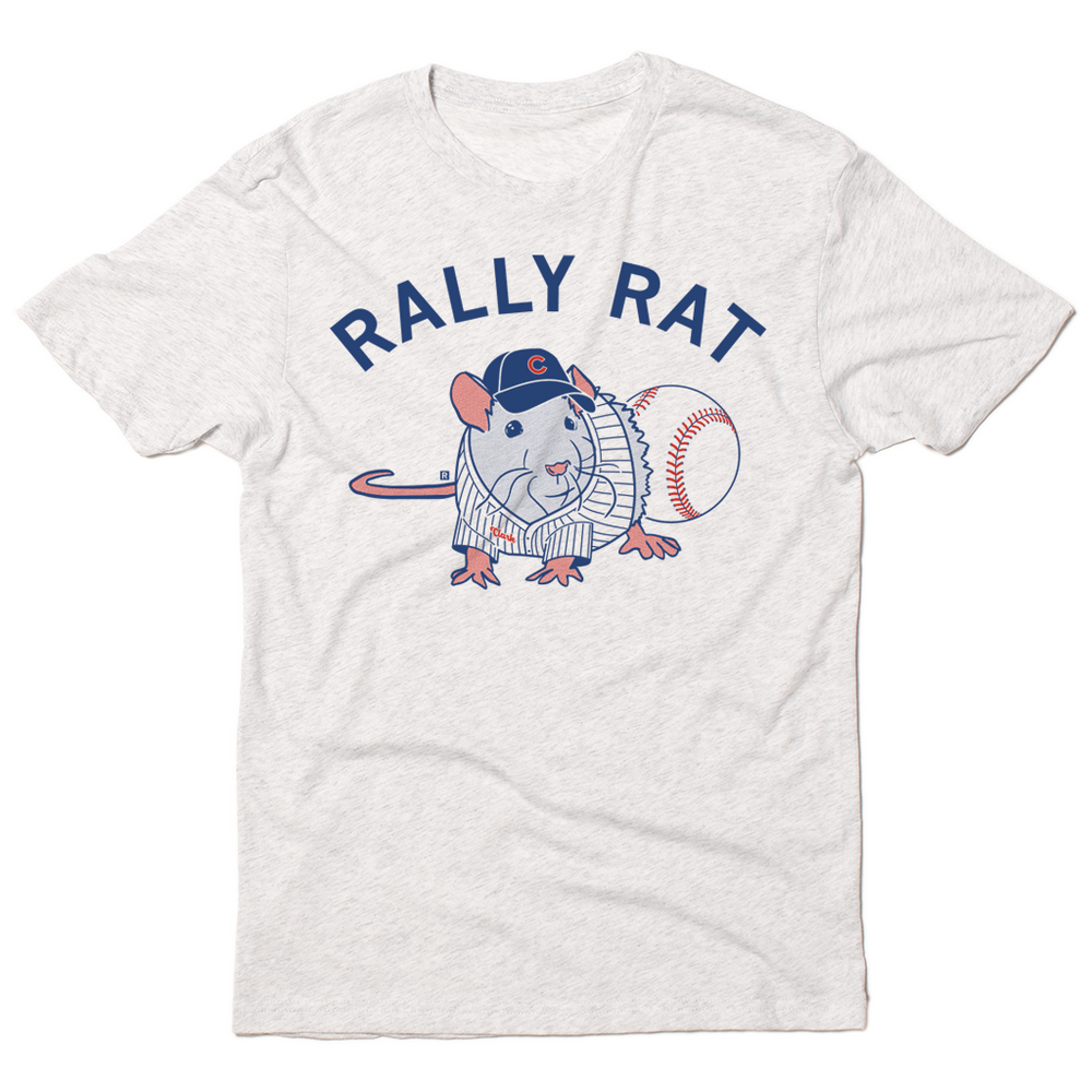 A heather white t-shirt with bright red and royal blue ink with curved text that says, "Rally Rat" over an illustration of a rat in a striped baseball jersey next to a baseball.