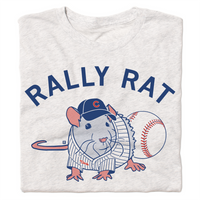 A folded heather white t-shirt with bright red and royal blue ink with curved text that says, "Rally Rat" over an illustration of a rat in a striped baseball jersey next to a baseball.