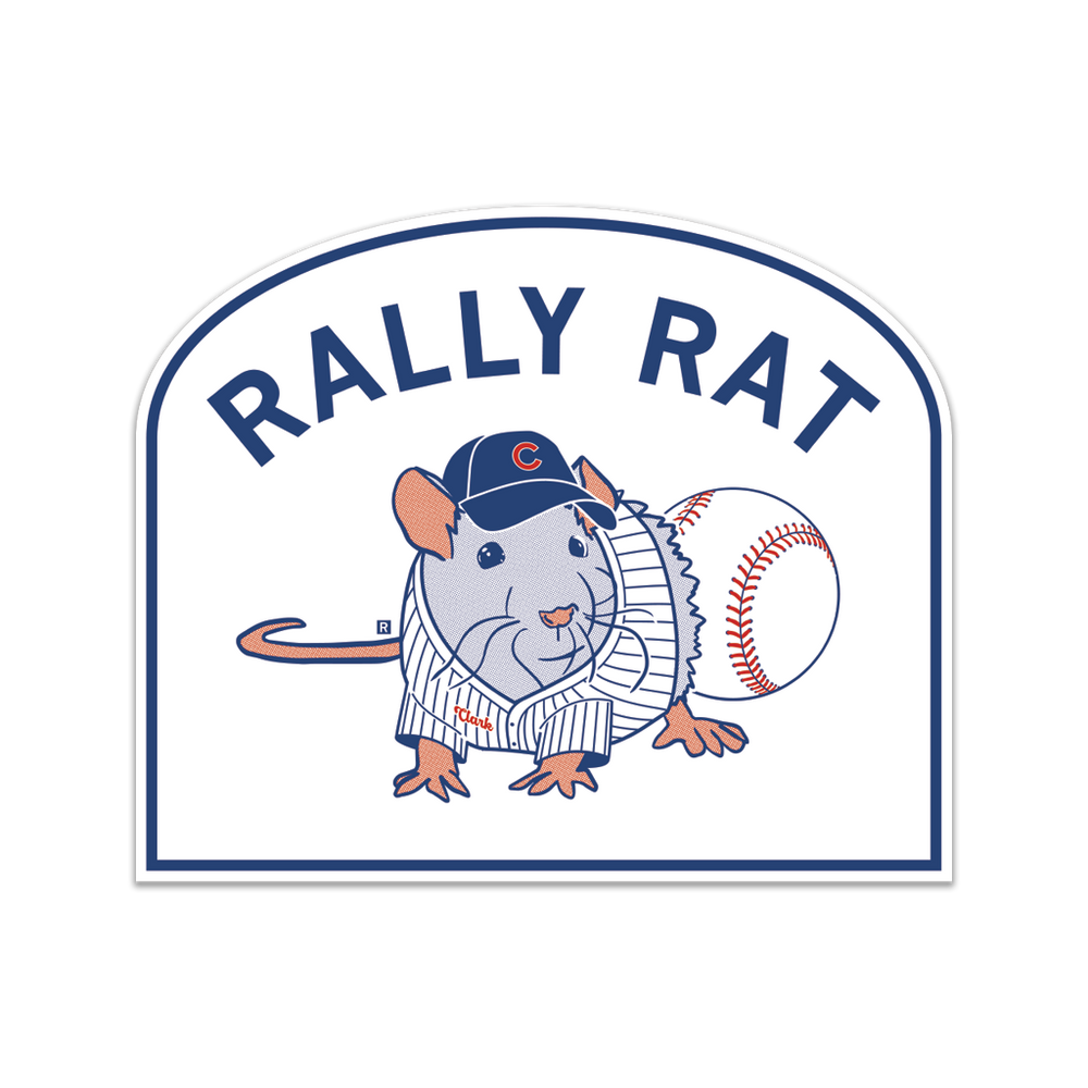 Square white die-cut sticker with an arched top and blue border. Blue curved text says, "RALLY RAT" above an image of a rat in a Cubs uniform with a baseball beside them.