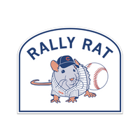 Square white die-cut sticker with an arched top and blue border. Blue curved text says, "RALLY RAT" above an image of a rat in a Cubs uniform with a baseball beside them.