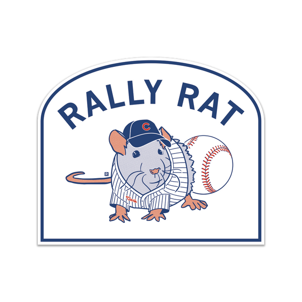 Square white die-cut sticker with an arched top and blue border. Blue curved text says, 